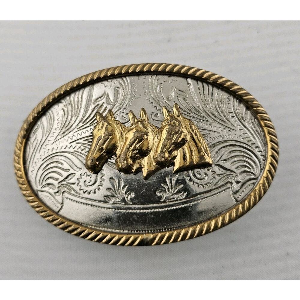 Men's Silver & Gold Horse Head Belt Buckle - Classic Western Style